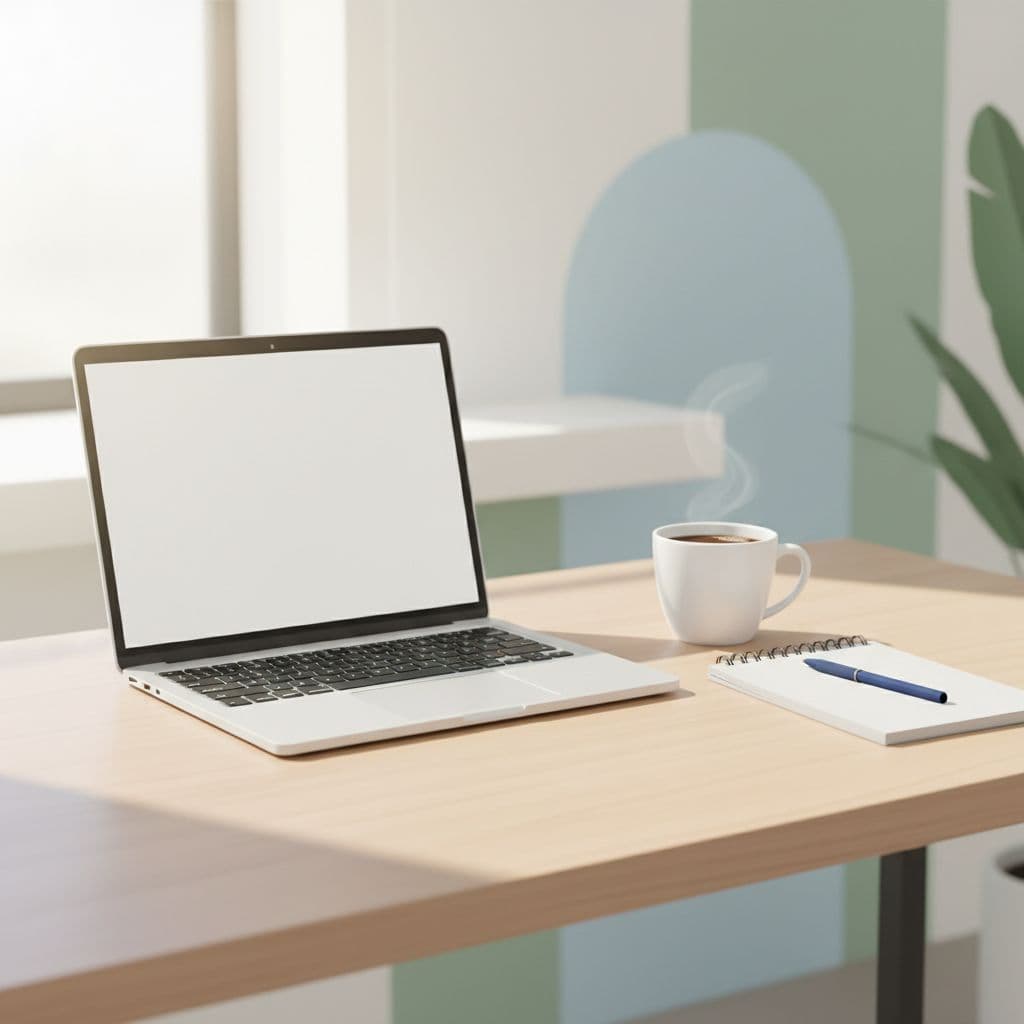 Open laptop, coffee cup, and notebook on wooden desk in bright minimalist setting.