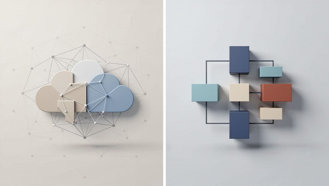 Split-screen background with left geometric pattern for cloud tools and right balanced structure for desktop software in neutral colors.