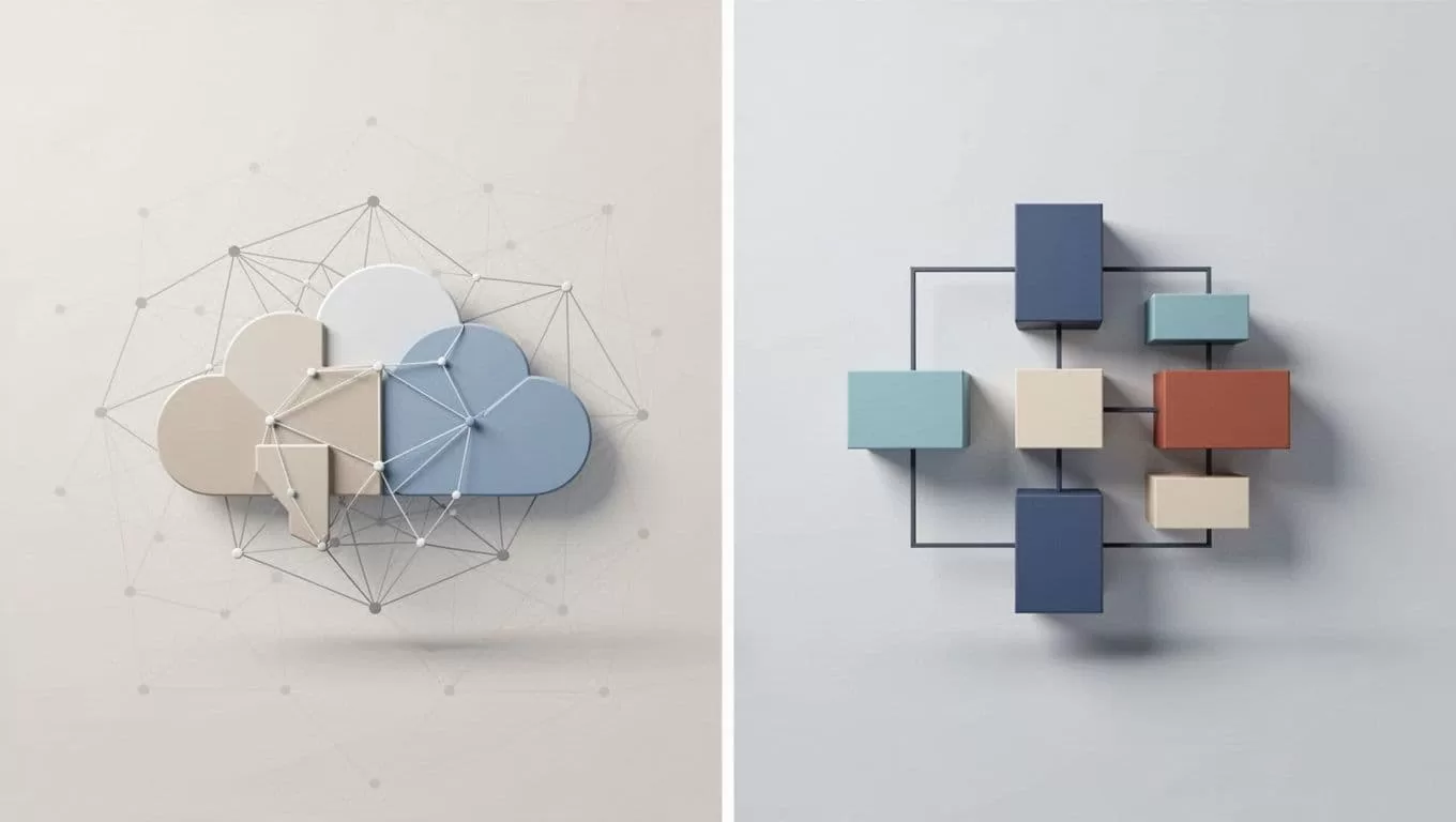 Split-screen background with left geometric pattern for cloud tools and right balanced structure for desktop software in neutral colors.