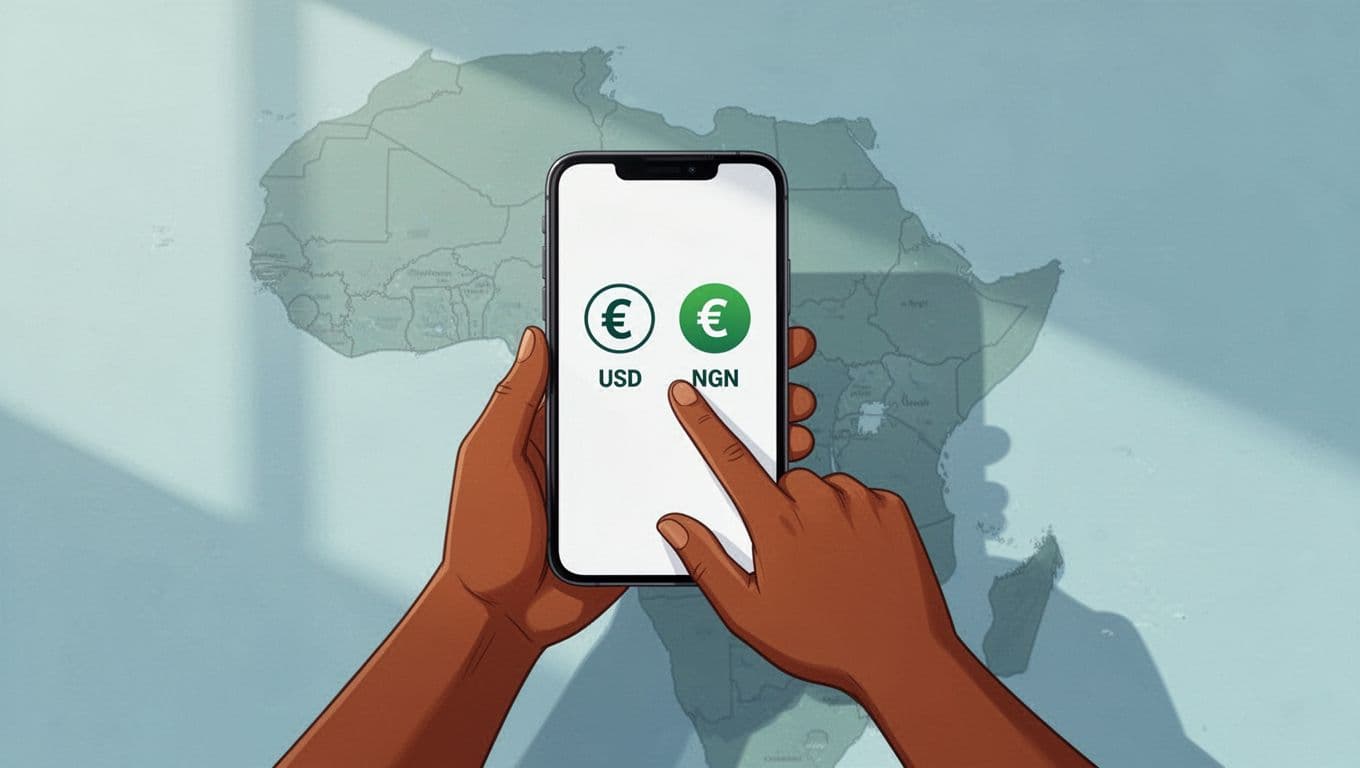 Person holds phone showing USD to NGN transfer screen with subtle Nigeria map background.