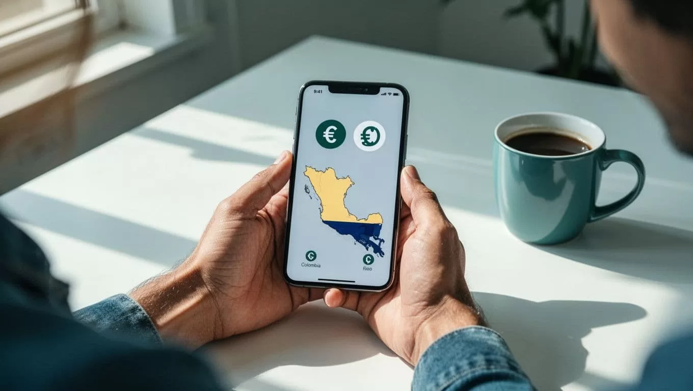 Person holds smartphone showing money transfer app with currency icons and Colombia map on clean desk with coffee mug.