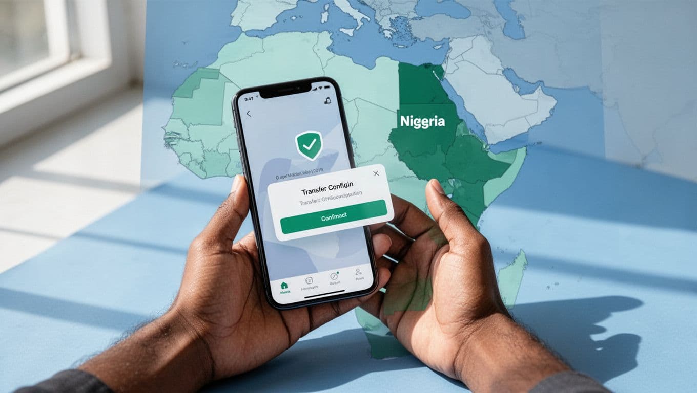 Person holds smartphone at angle showing transfer confirmation screen, Nigeria highlighted on background map.