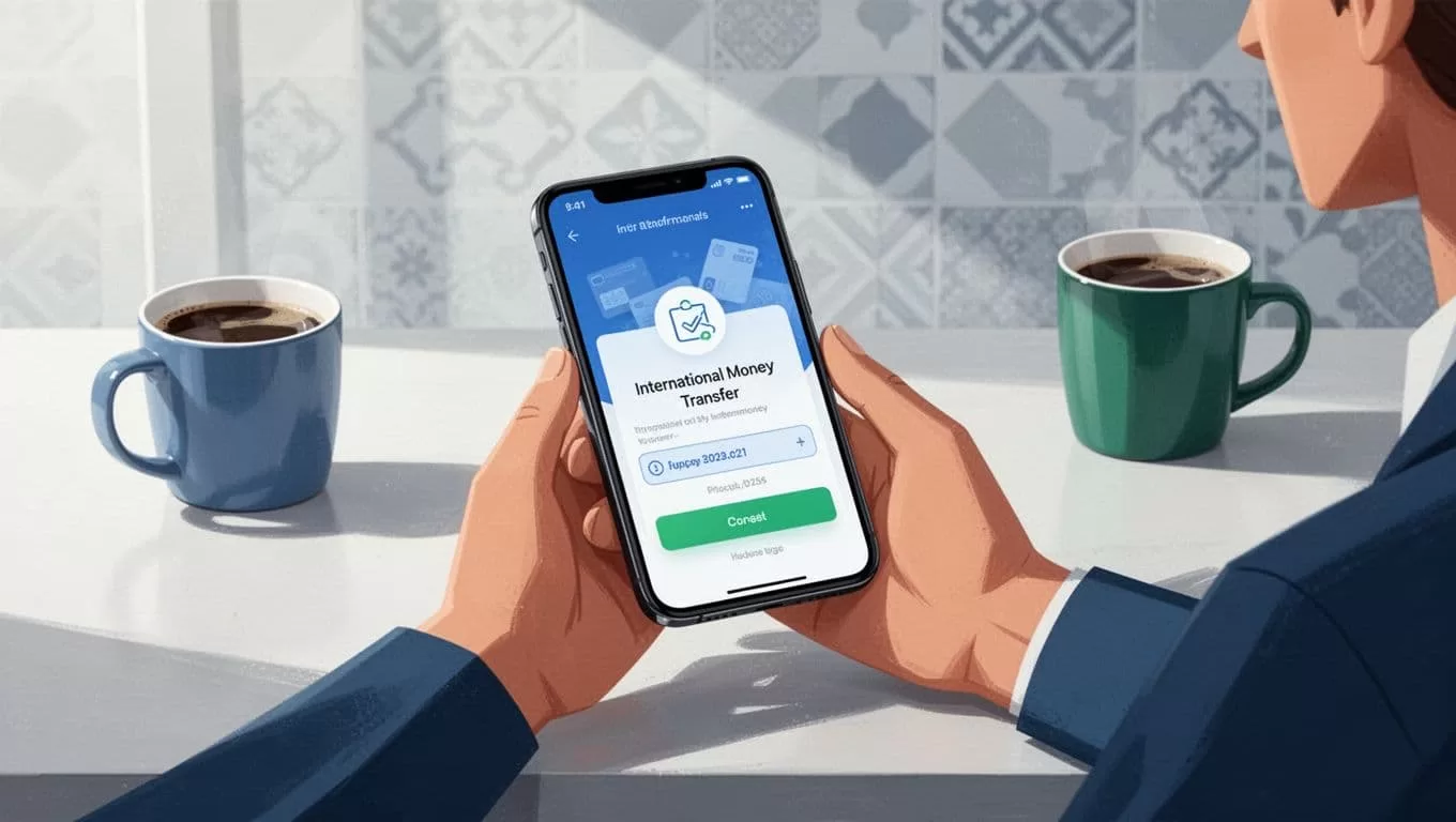 Hands rest on angled smartphone showing transfer confirmation screen, subtle Pakistan flag in background, clean desk with coffee mug.