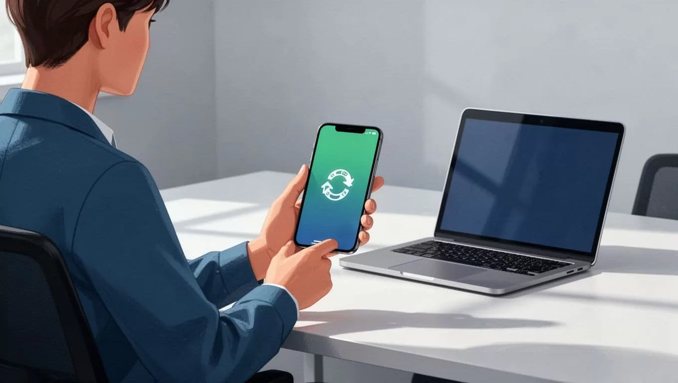 Person at desk with laptop uses smartphone app to send money for cash pickup to Nigeria, phone screen shows transfer icon.