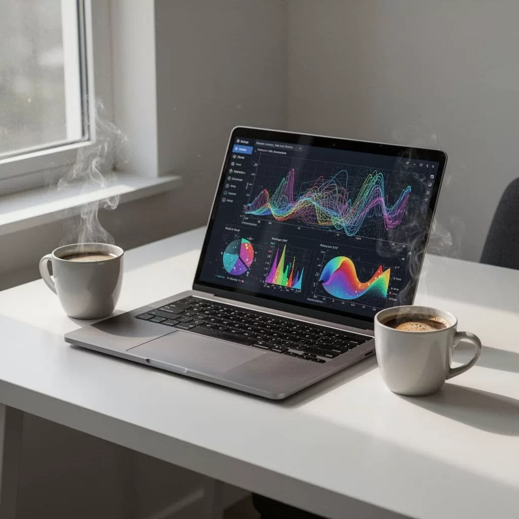 A clean desk featuring a laptop displaying abstract data charts alongside a cup of coffee.
