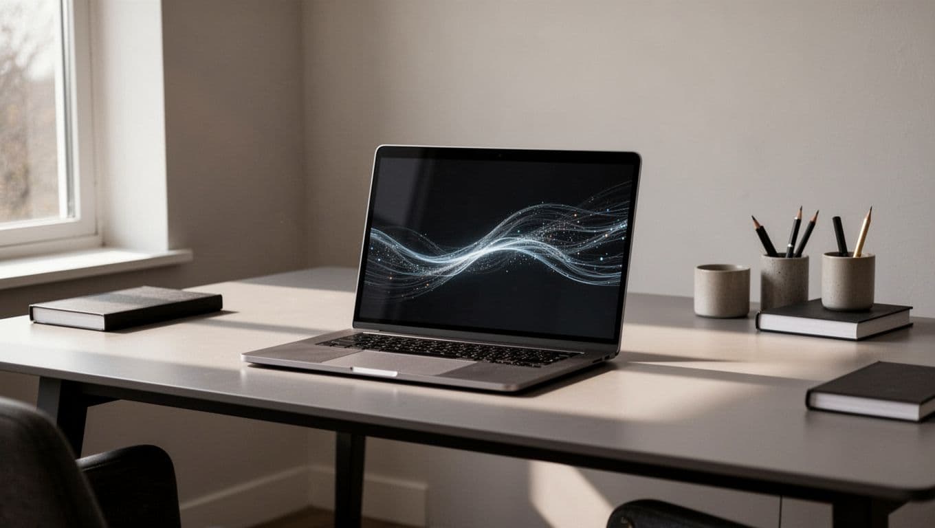 A minimalist home office desk features an open laptop with abstract digital data flows.