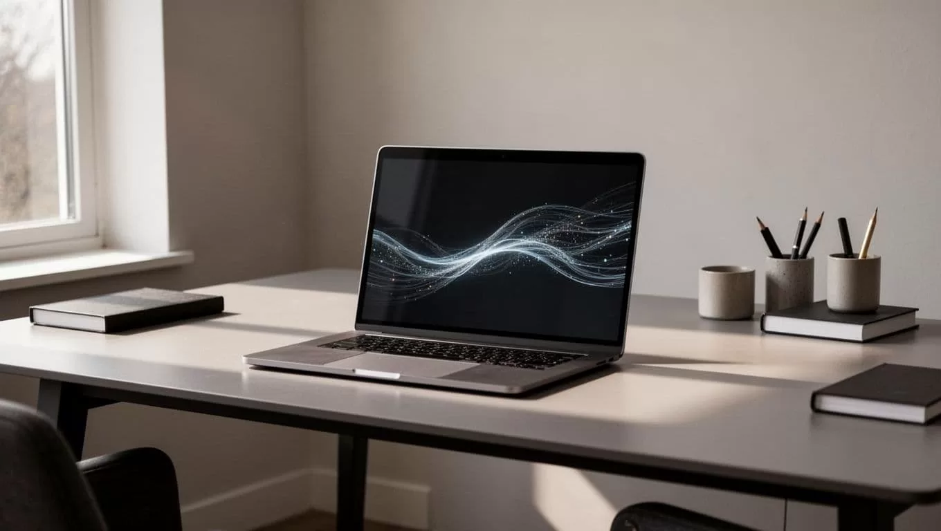 A minimalist home office desk features an open laptop with abstract digital data flows.