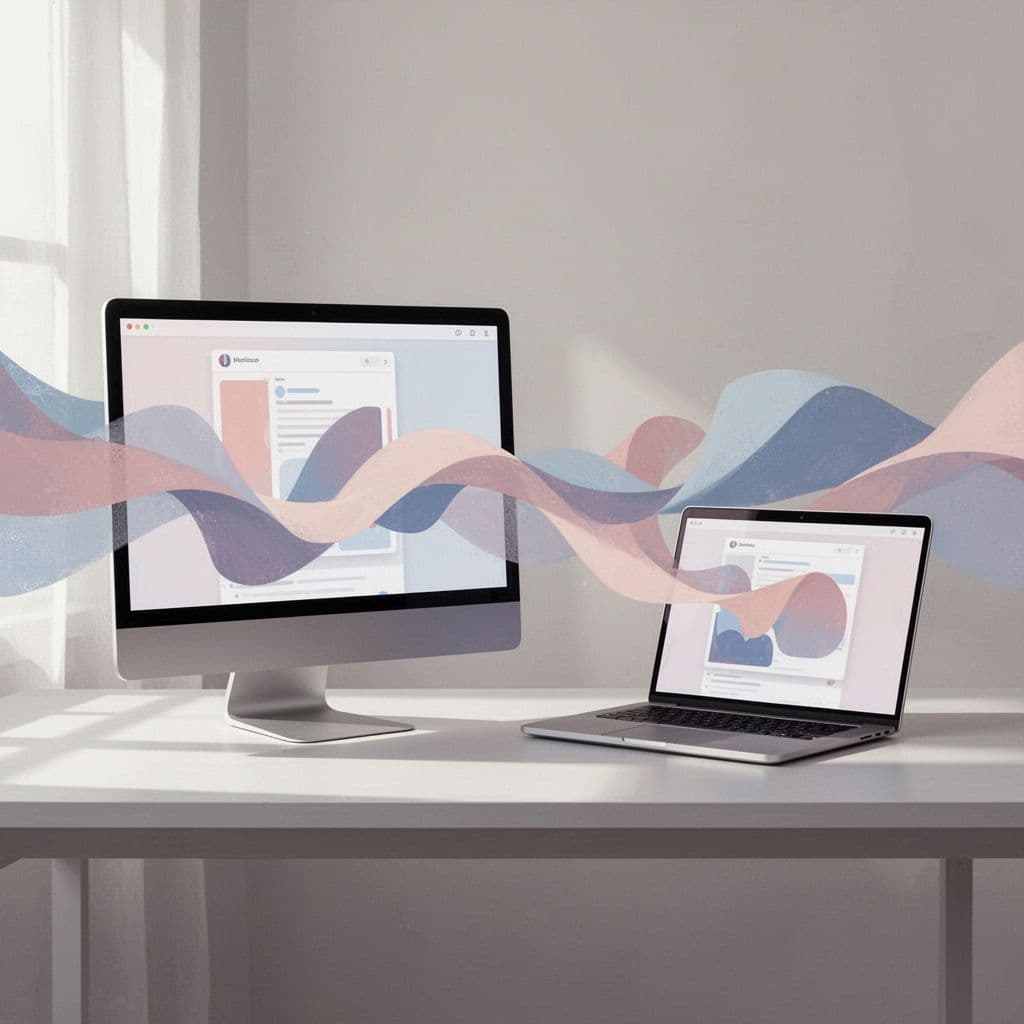 A clean desk setup with a computer monitor and laptop featuring abstract content flow icons.