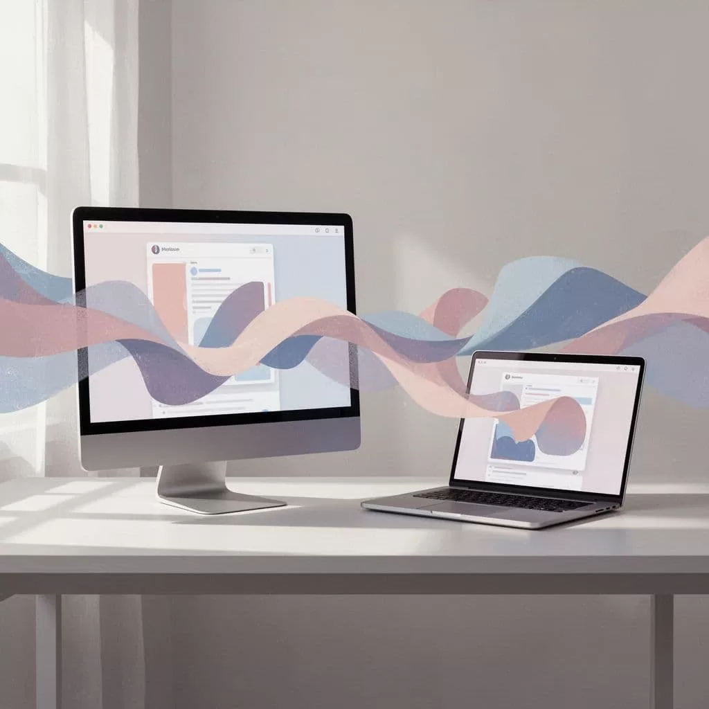 A clean desk setup with a computer monitor and laptop featuring abstract content flow icons.