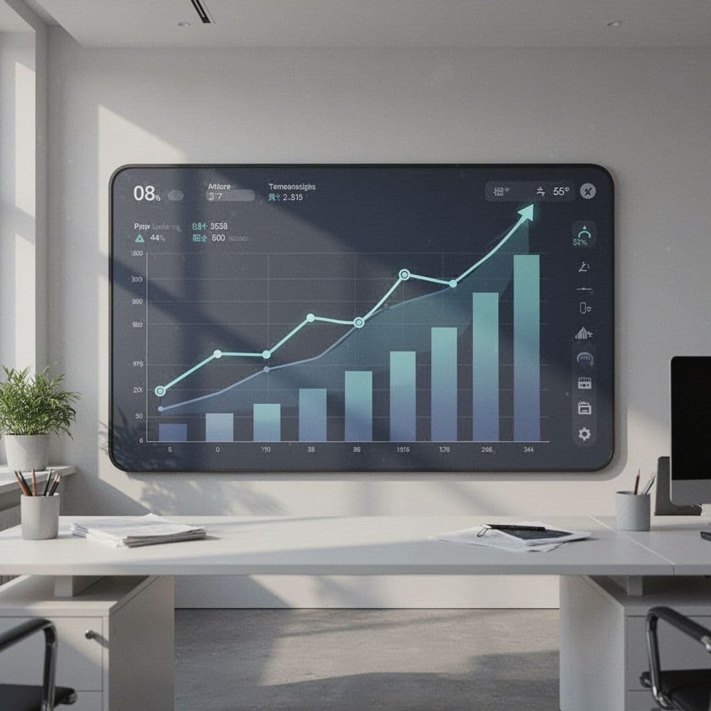 A minimalist office dashboard displays upward trending growth charts and sleek performance metrics.