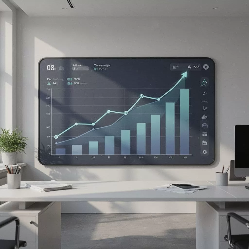 A minimalist office dashboard displays upward trending growth charts and sleek performance metrics.