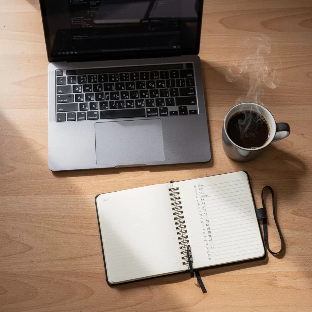 A top-down view of a wooden desk featuring a laptop, notebook, and coffee mug.