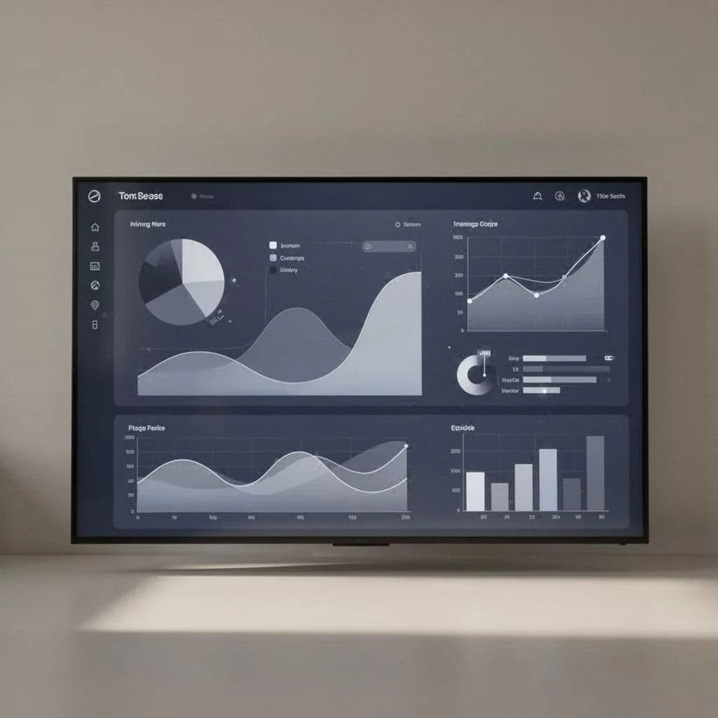 A sleek digital interface displays abstract data charts and metrics against a clean, neutral background.