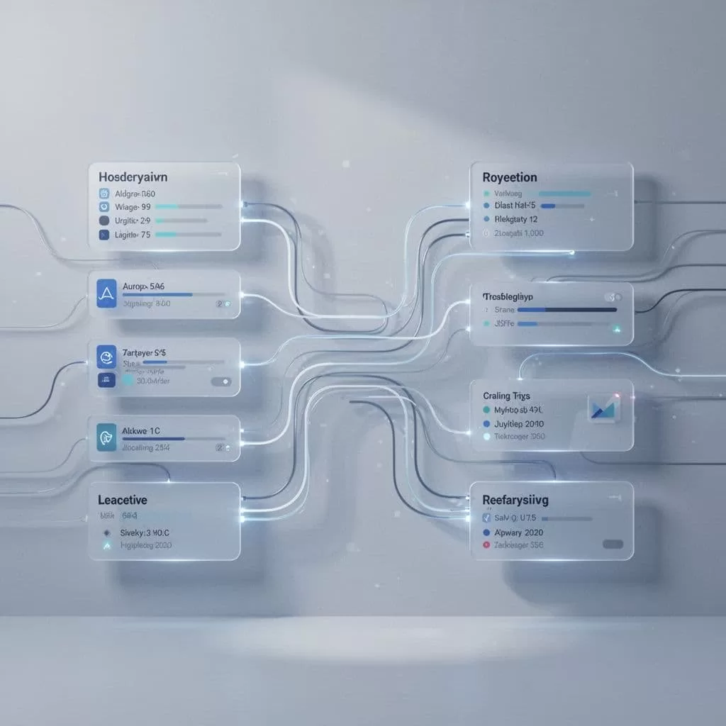 A minimalist interface displays structured data blocks connected by flowing lines in shades of blue and grey.