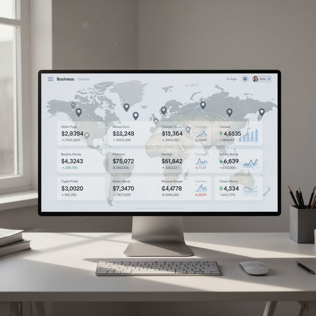 A clean digital interface displays organized business data rows with subtle background map markers.