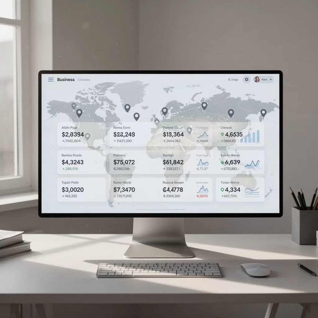 A clean digital interface displays organized business data rows with subtle background map markers.
