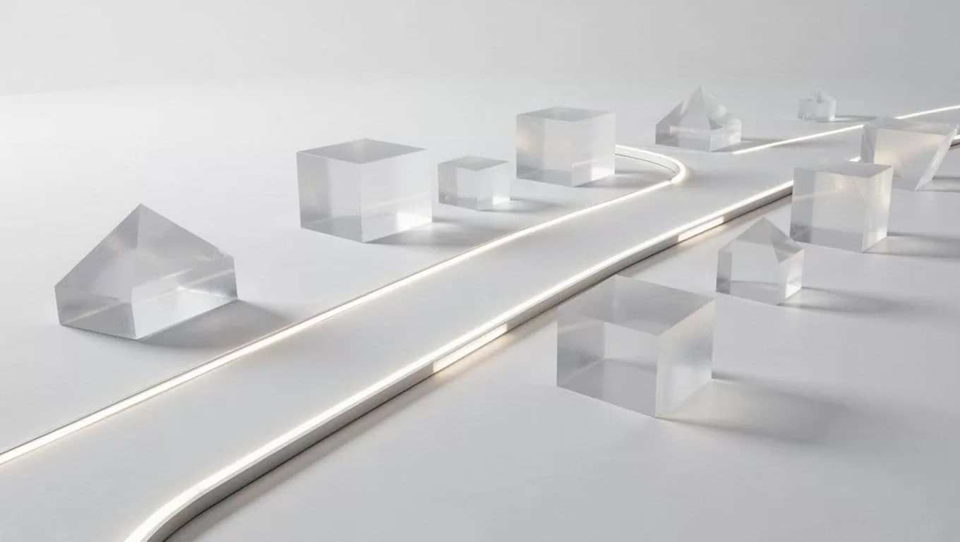 A vibrant digital path flows through interconnected geometric shapes, illustrating streamlined connectivity. This clean, minimalist design highlights the efficient movement of data across a stark white background with sharp, modern lines.