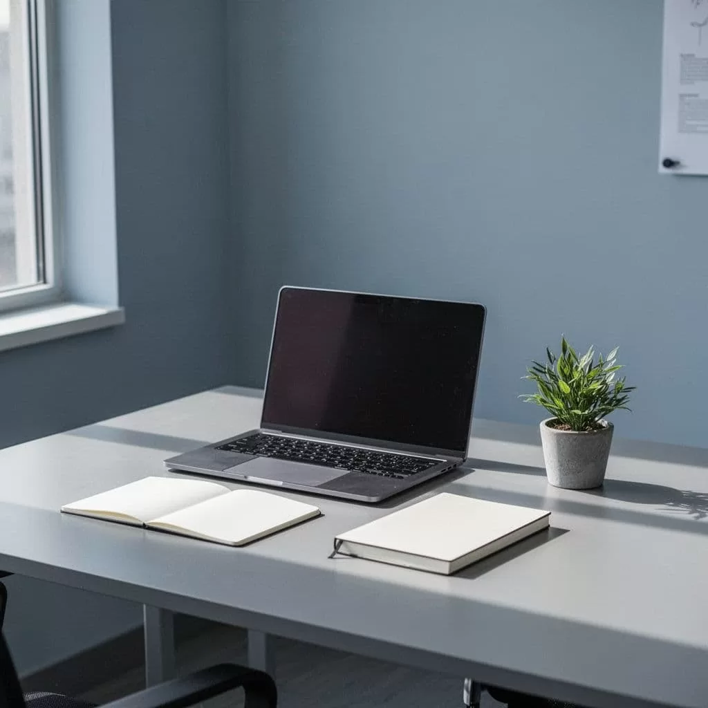 A clean desk features a laptop, a closed notebook, and a small plant in soft blue tones.