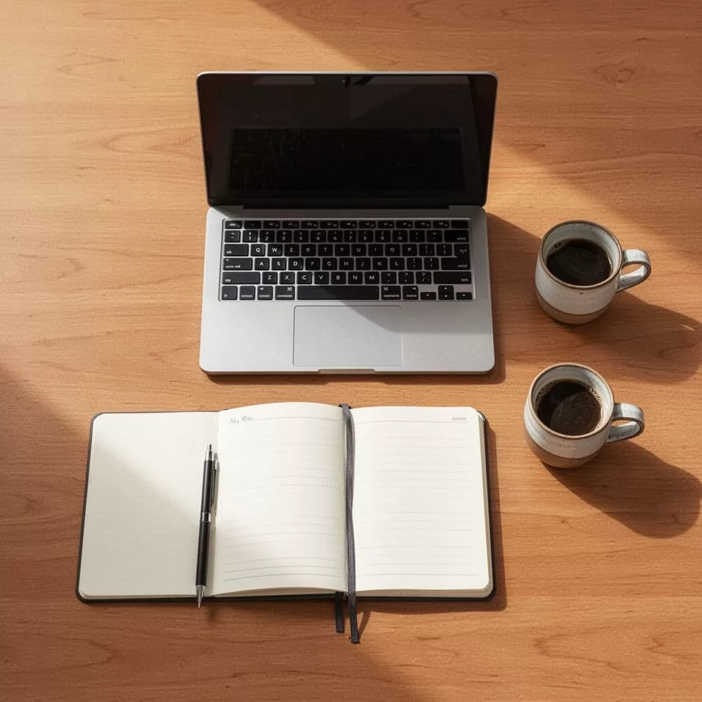 Laptop, notebook, and coffee mug on wooden table in bright minimalistic setup.
