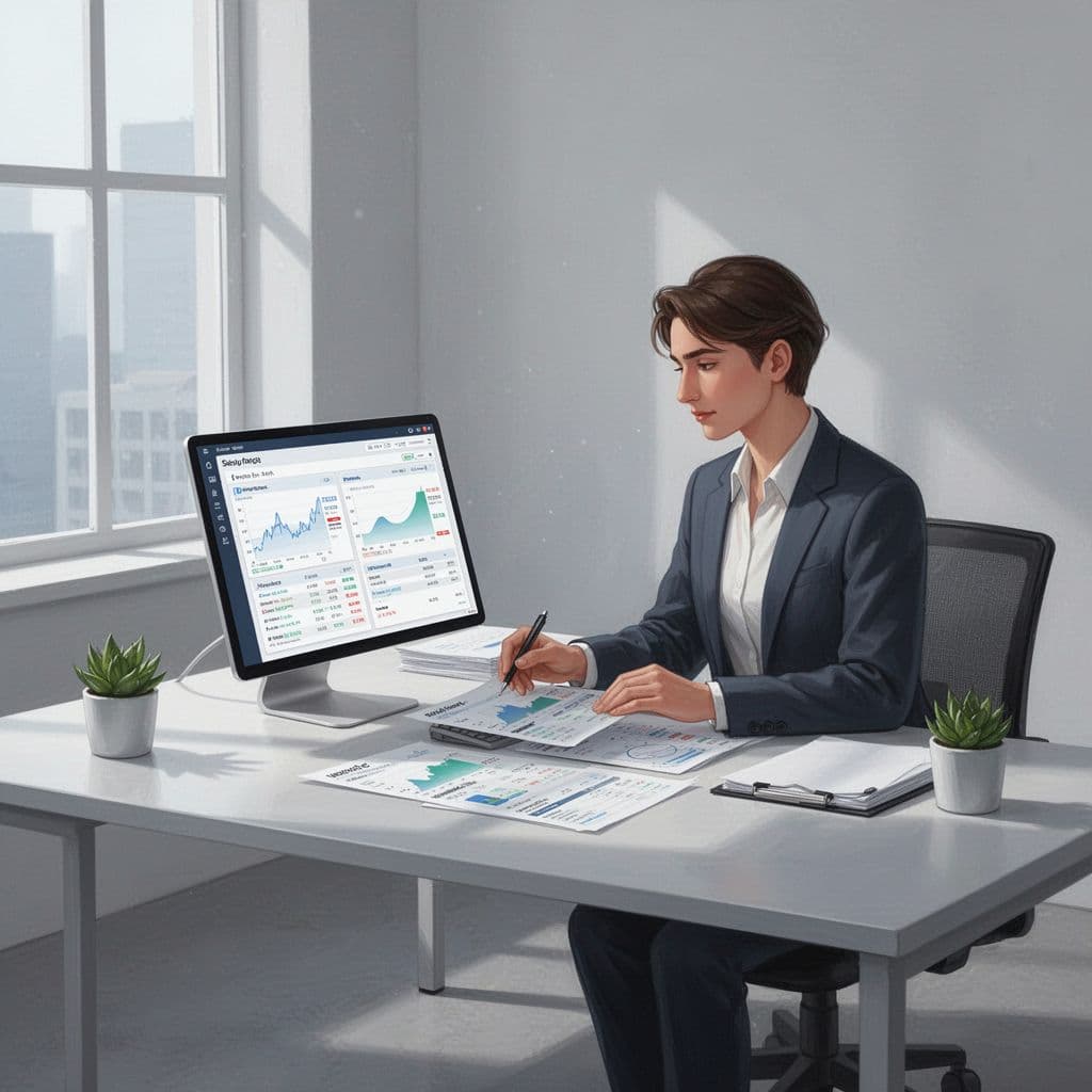 A person organizes digital financial records on a clean, modern workspace using software.