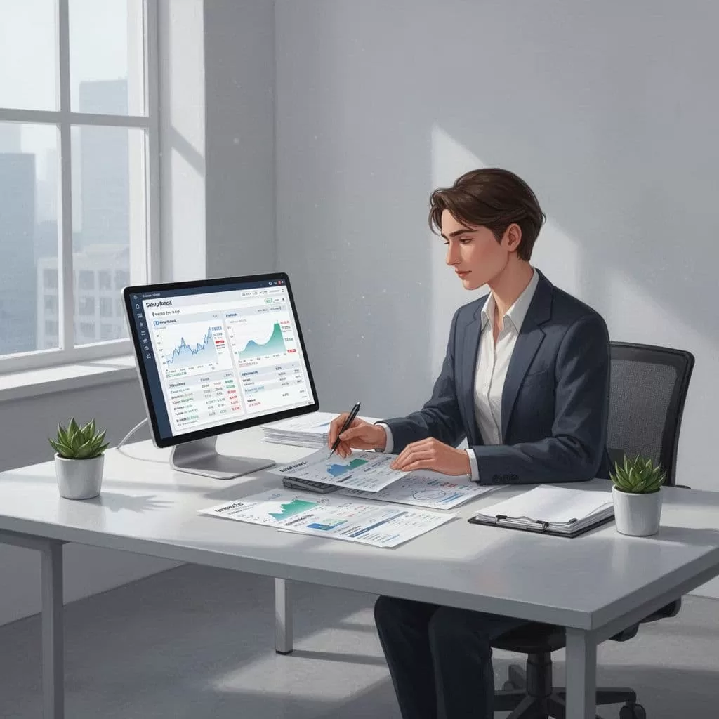 A person organizes digital financial records on a clean, modern workspace using software.