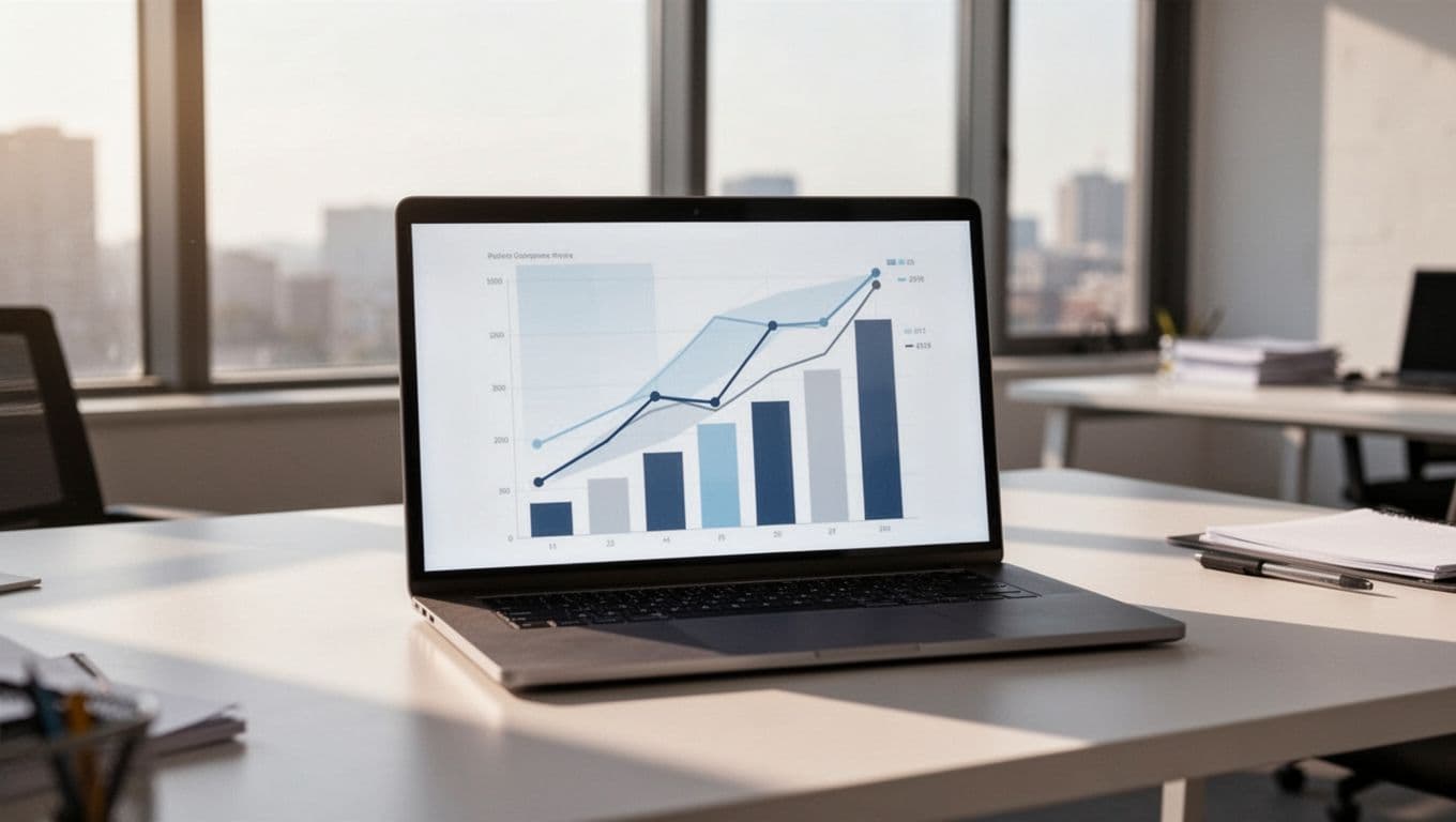 A laptop on a clean desk displays abstract financial bar and line graphs.