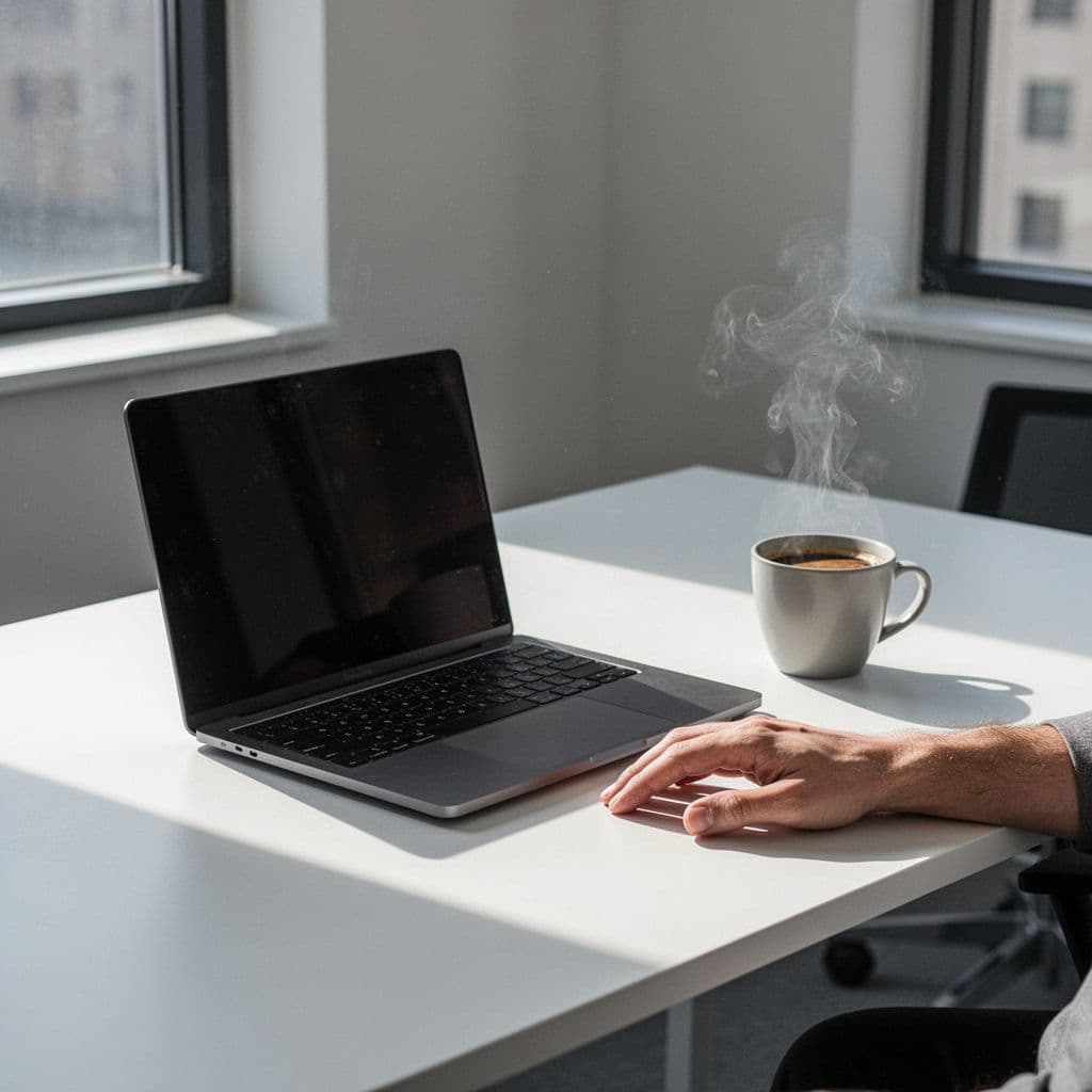 A flat-style illustration shows a clean office desk with a laptop, coffee cup, and a resting hand.