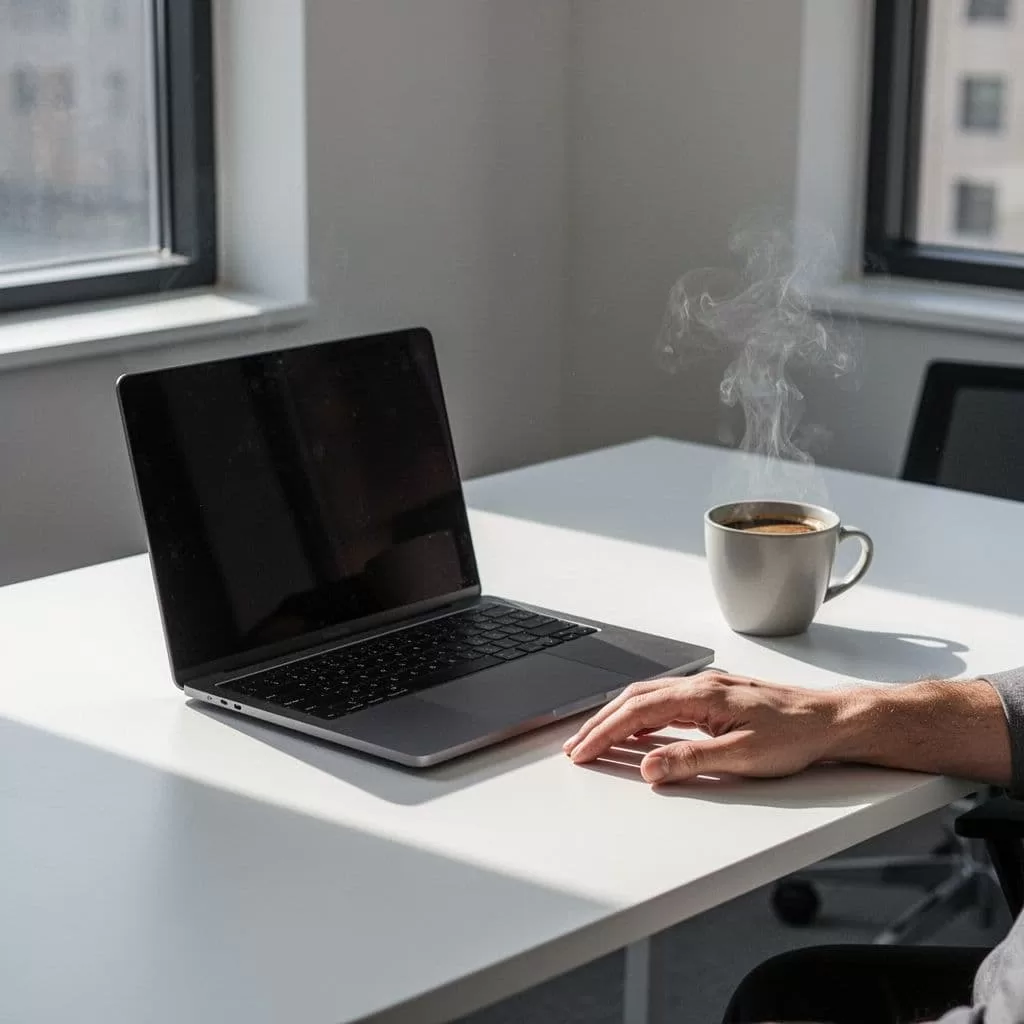 A flat-style illustration shows a clean office desk with a laptop, coffee cup, and a resting hand.