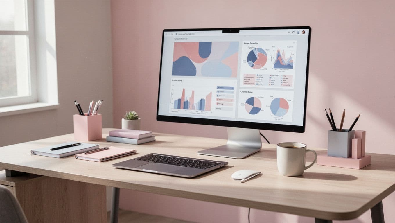 A minimalist workspace features a tidy desk with abstract organizational charts and soft geometric shapes.