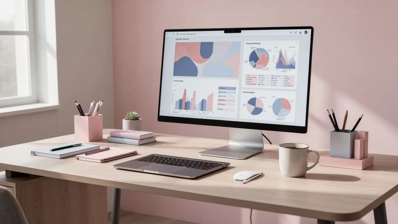 A minimalist workspace features a tidy desk with abstract organizational charts and soft geometric shapes.
