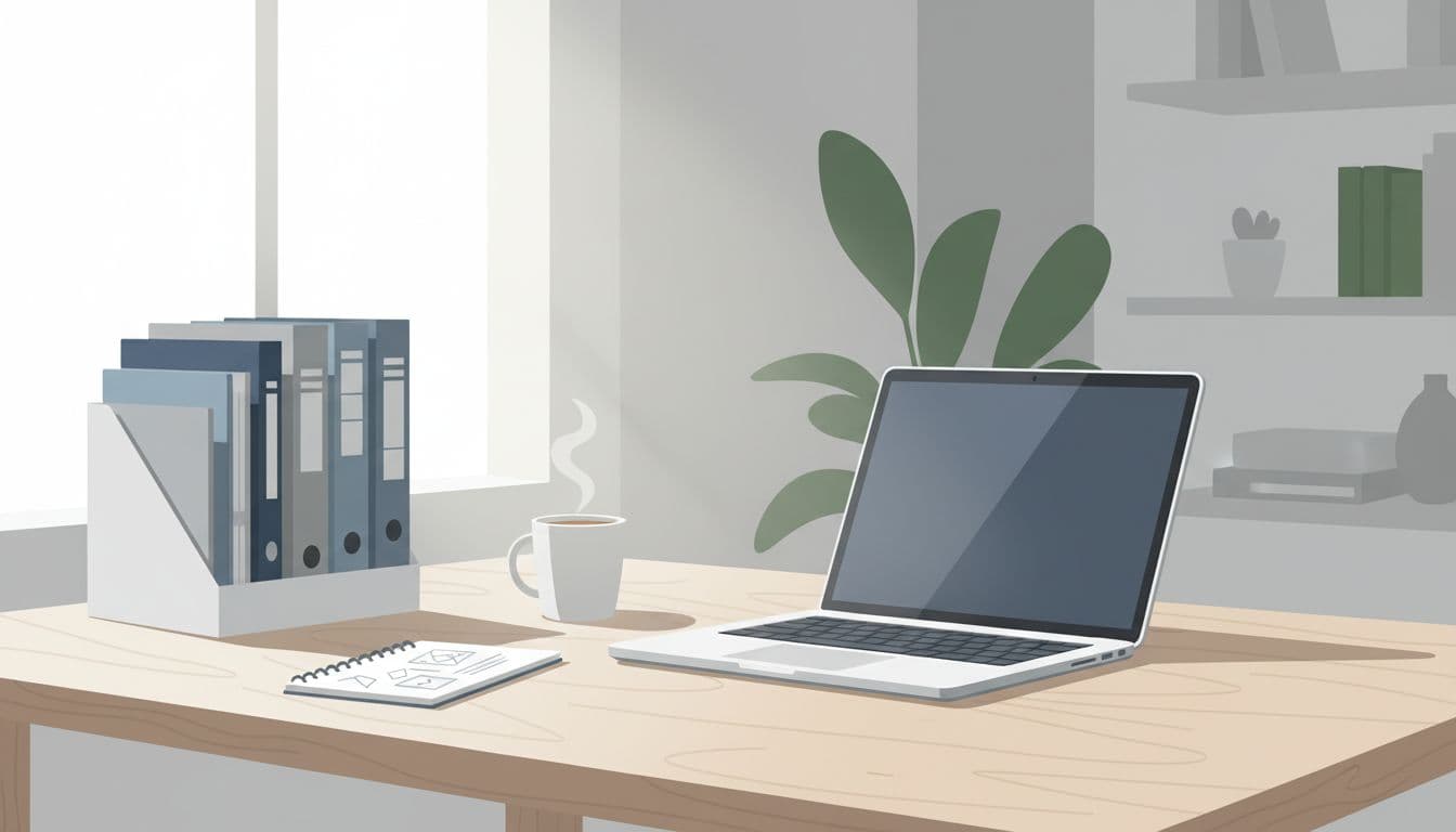 A sleek wooden desk displays an open laptop alongside neatly stacked files and a leather-bound notebook. Soft ambient lighting illuminates the workspace, highlighting a clean and highly organized professional environment.