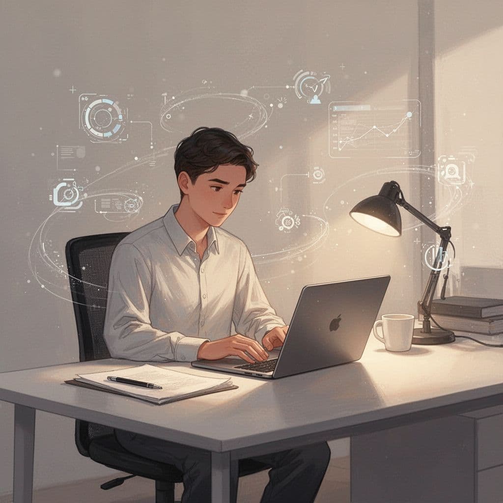 A minimalist illustration features a professional working at a clean desk with abstract digital connectivity elements.