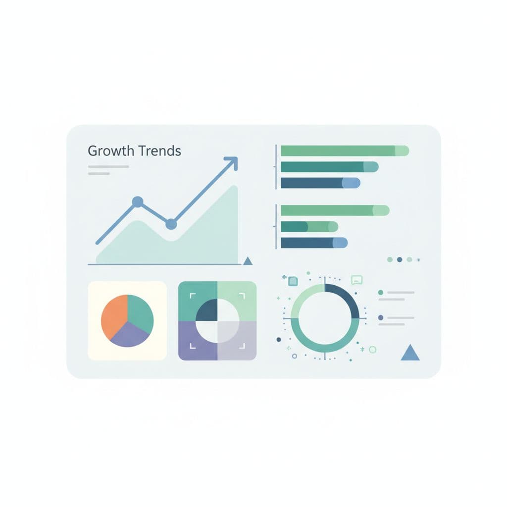 A minimalist dashboard interface displays abstract bar charts and growth trends using professional geometric shapes.