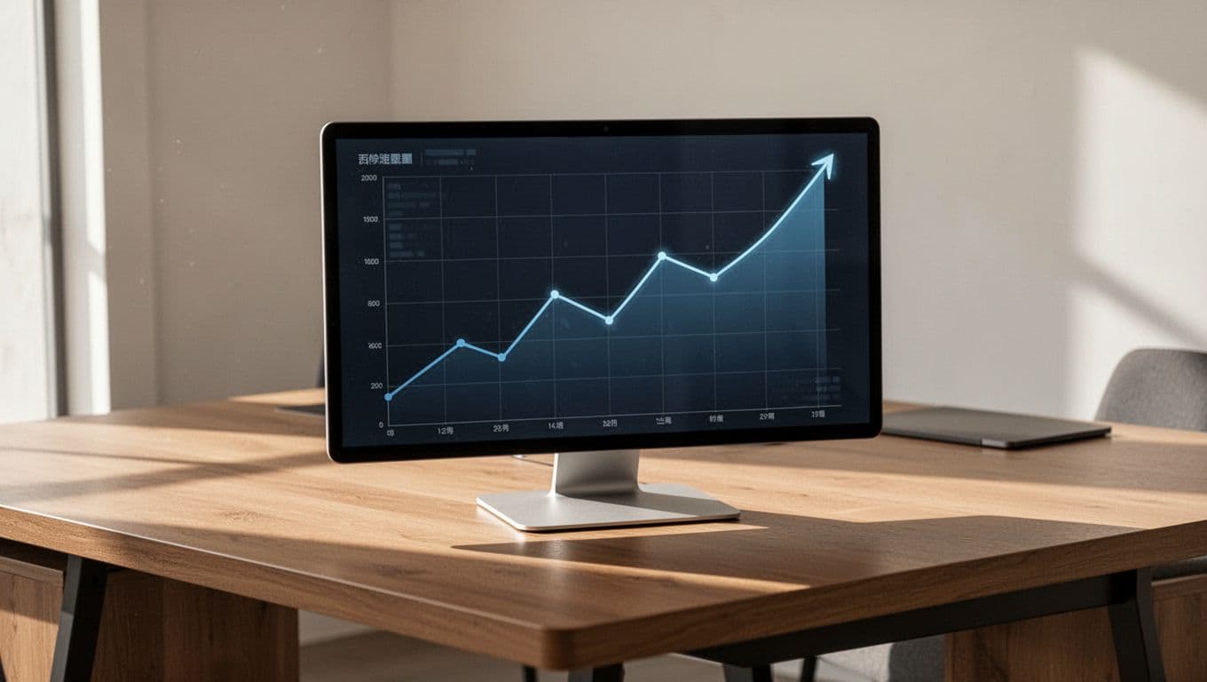 A clean digital interface showing an upward trending line chart displayed on a modern office desk.