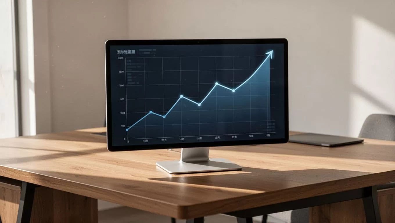 A clean digital interface showing an upward trending line chart displayed on a modern office desk.