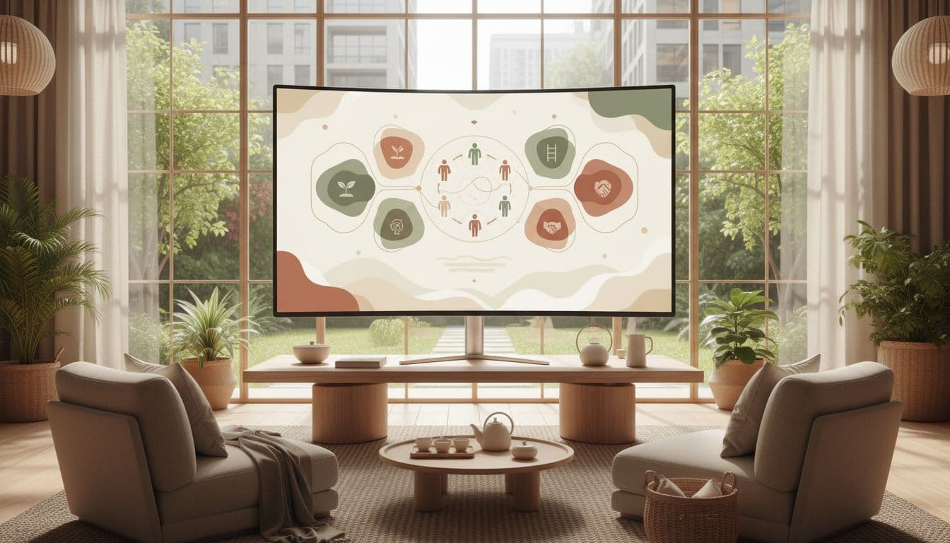 Minimalist interior with cozy seating in neutral warm colors under soft natural light.