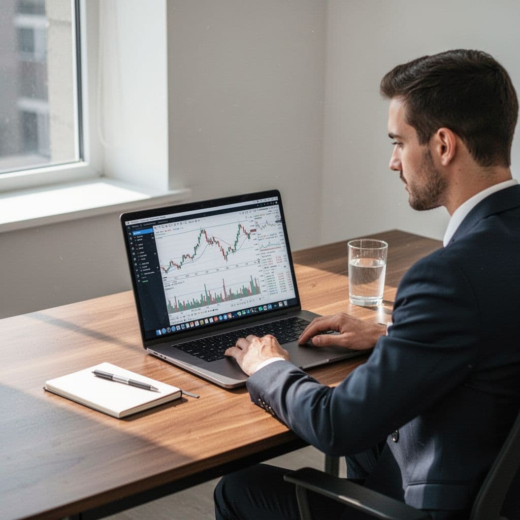 A professional sits at a clean wooden desk reviewing complex financial data on a laptop screen.