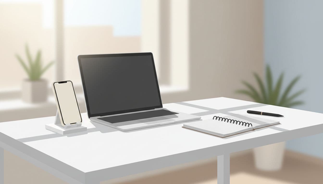 Bright airy workspace shows desk with laptop, smartphone on stand, and notebook using clean shapes and muted palette.