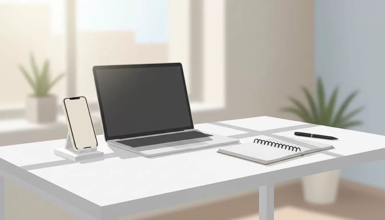 Bright airy workspace shows desk with laptop, smartphone on stand, and notebook using clean shapes and muted palette.