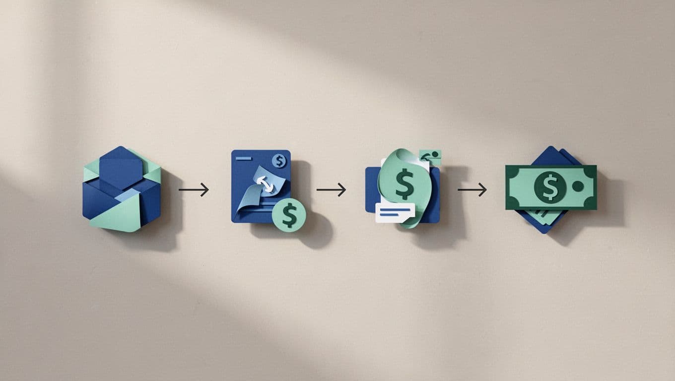 Horizontal sequence of four simple icons connected by arrows: enter amount, bank details, speed selection, confirm send, in blue-green tones.