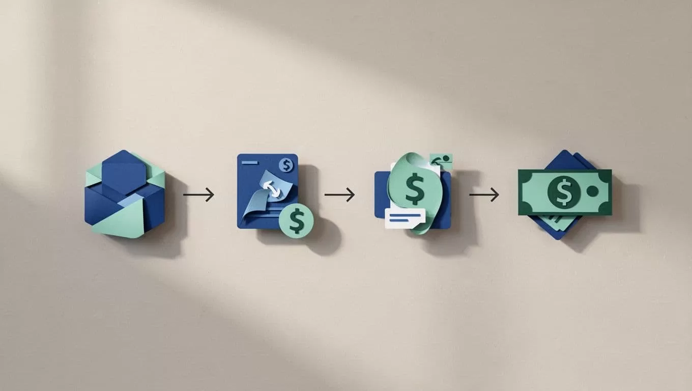Horizontal sequence of four simple icons connected by arrows: enter amount, bank details, speed selection, confirm send, in blue-green tones.