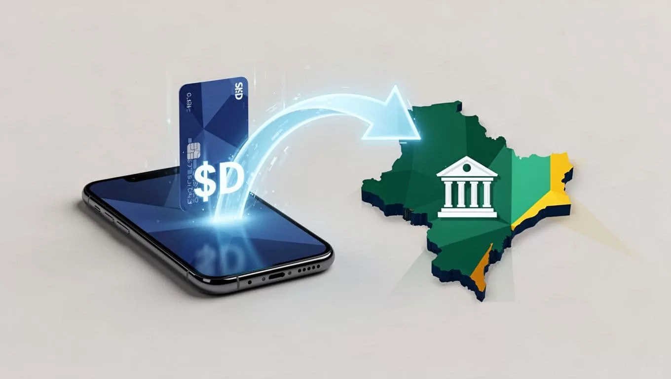 Smartphone sends USD icon via arrow to Nigeria map with NGN bank receiver, steps show send, choose speed, receive.