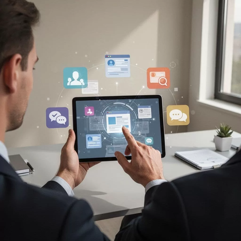 A person interacts with a tablet displaying interconnected icons for social media and news sources.