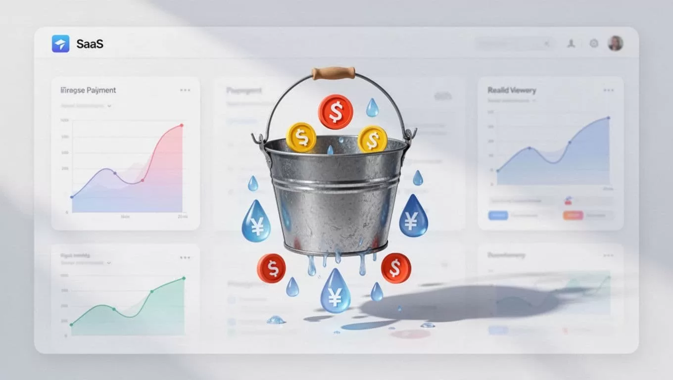 Simple bucket marked MRR leaks drops shaped like failed payment icons on a SaaS dashboard with subtle graphs.
