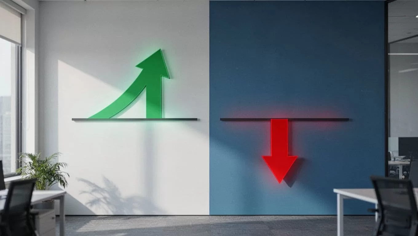 Split wall chart shows green upward MRR arrow above benchmark with thumbs up left, red downward churn below with warning and lightbulb right.