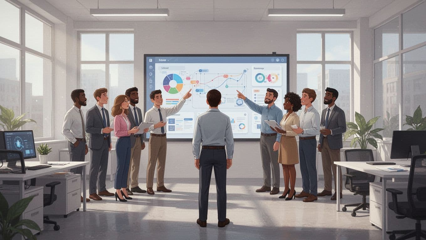 Person in foreground watches large group collaborate on digital board in professional setting.