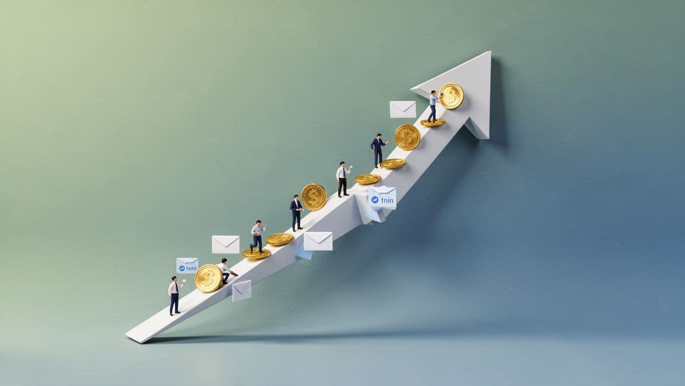 Upward arrow chart with multiplying subscriber icons, revenue coins, and email envelopes on clean green-blue background.