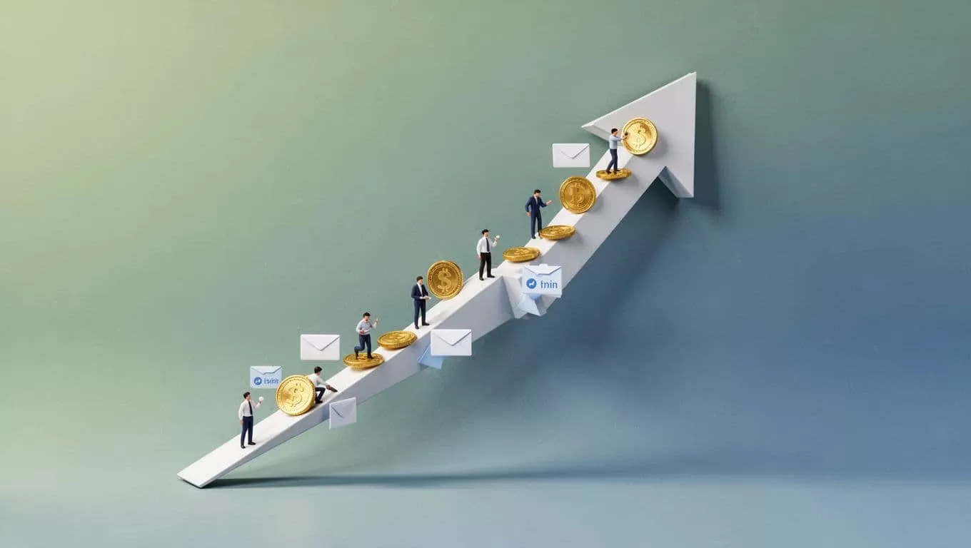 Upward arrow chart with multiplying subscriber icons, revenue coins, and email envelopes on clean green-blue background.