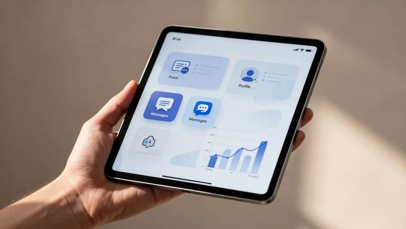 Hand holds tablet showing clean dashboard with navigation to exclusive posts, profile, email blasts, and analytics charts.