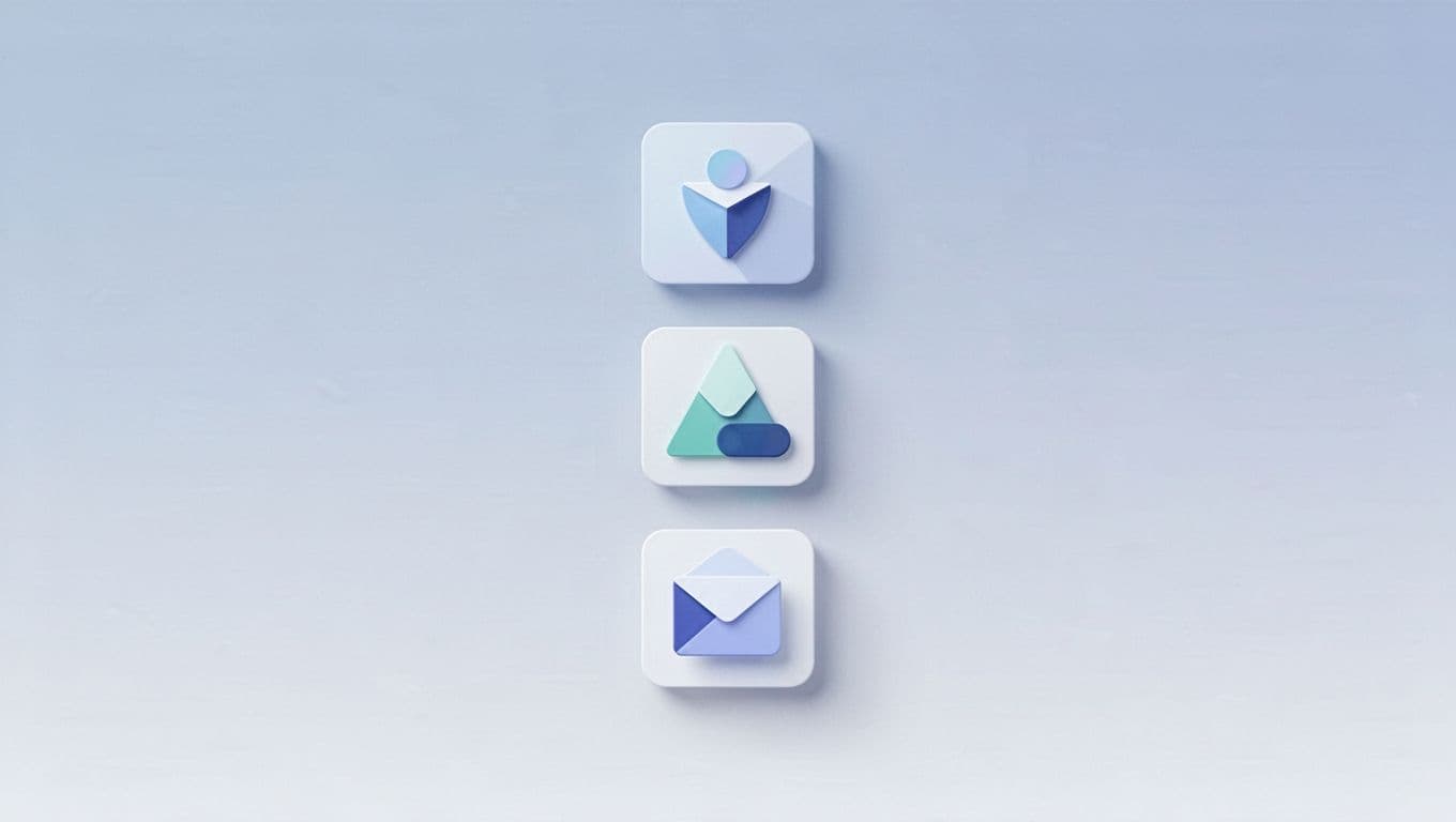 Three vertical pricing tiers with icons for email, reports, and calls on gradient background.